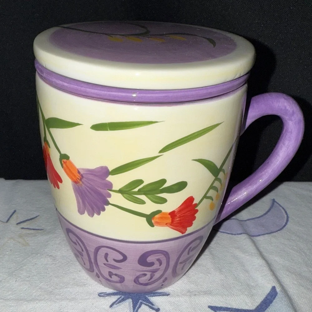 Floral 3 piece Tea Strainer Mug Lid Ceramic Cup Holder Exclusive Barnes Noble